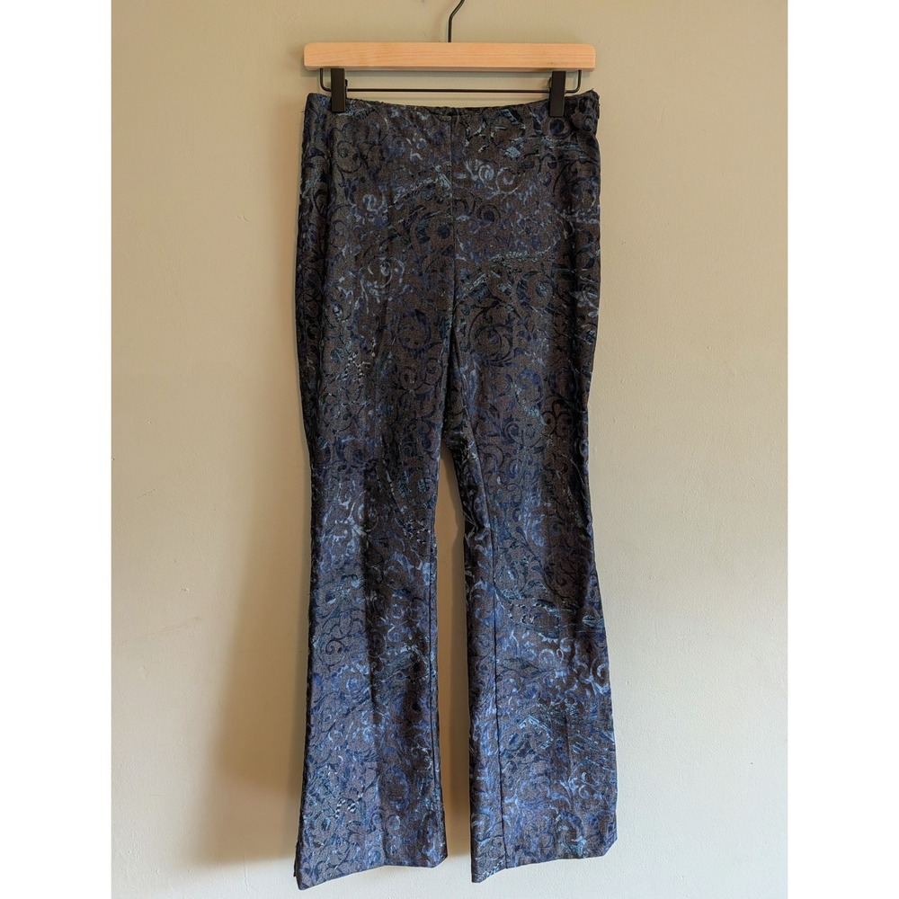 Karen Kane Vintage Y2K Velvet Burnout Blue Damask Scroll Flare Pants 4 USA Made